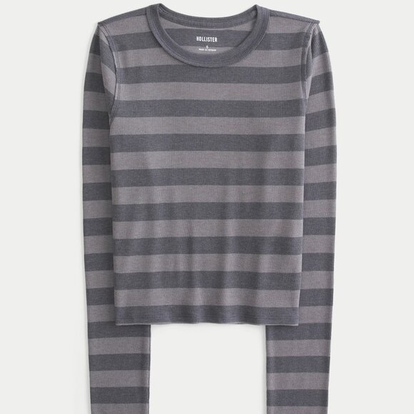 EUC Hollister Grey Stripe Ribbed Long-Sleeve Crew Top Sz L (long) - Picture 2 of 2